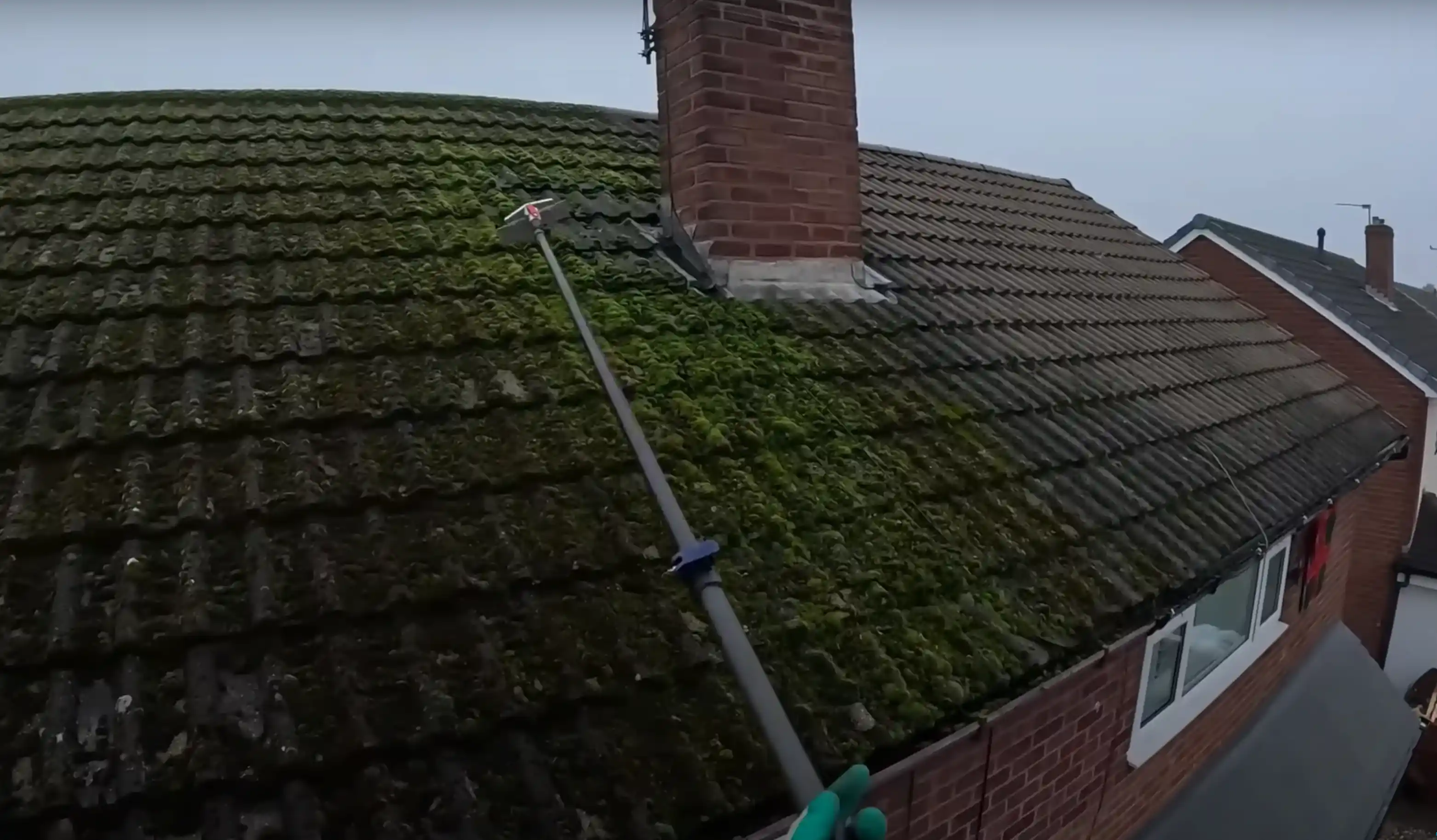Before cleaning - moss covered roof and gutters